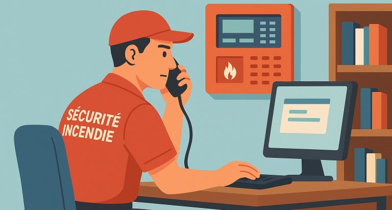 QCM SSIAP. Agent SSIAP de profil au PC sécurité, au téléphone, devant un écran, avec Système de Sécurité Incendie au mur et bibliothèque à droite.